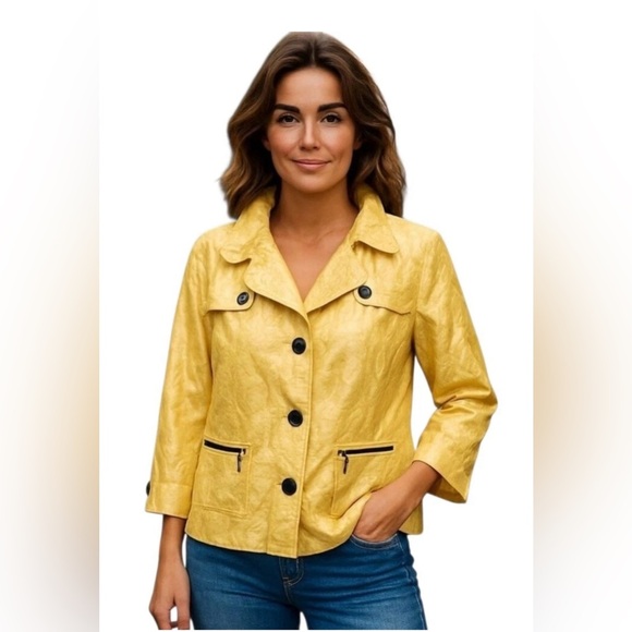 CHICO'S Woman’s Size 1 Golden  Polyester/Nylon Crinkle Button Up Jacket EUC 8 - Picture 1 of 8